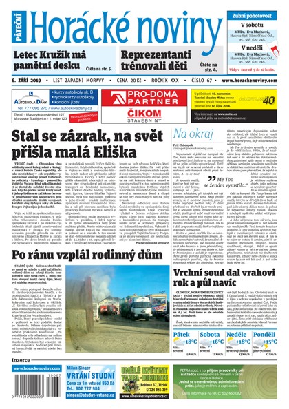 E-magazín Horácké Noviny Pátek 6.9.2019 č. 067 - Horácké noviny